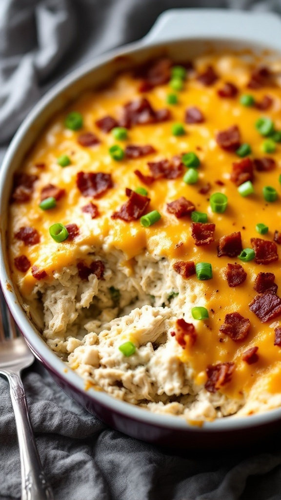 A bubbling casserole dish filled with chicken, bacon, and cheese, garnished with green onions.